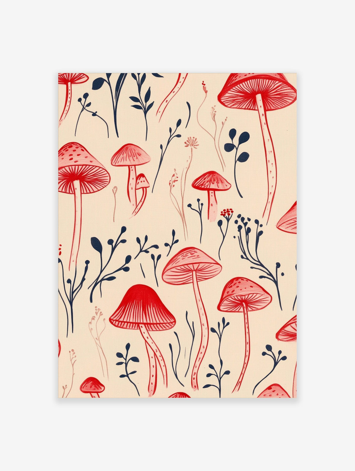 Illustrative red mushrooms and navy botanical sprigs repeating pattern on a beige background wall art print