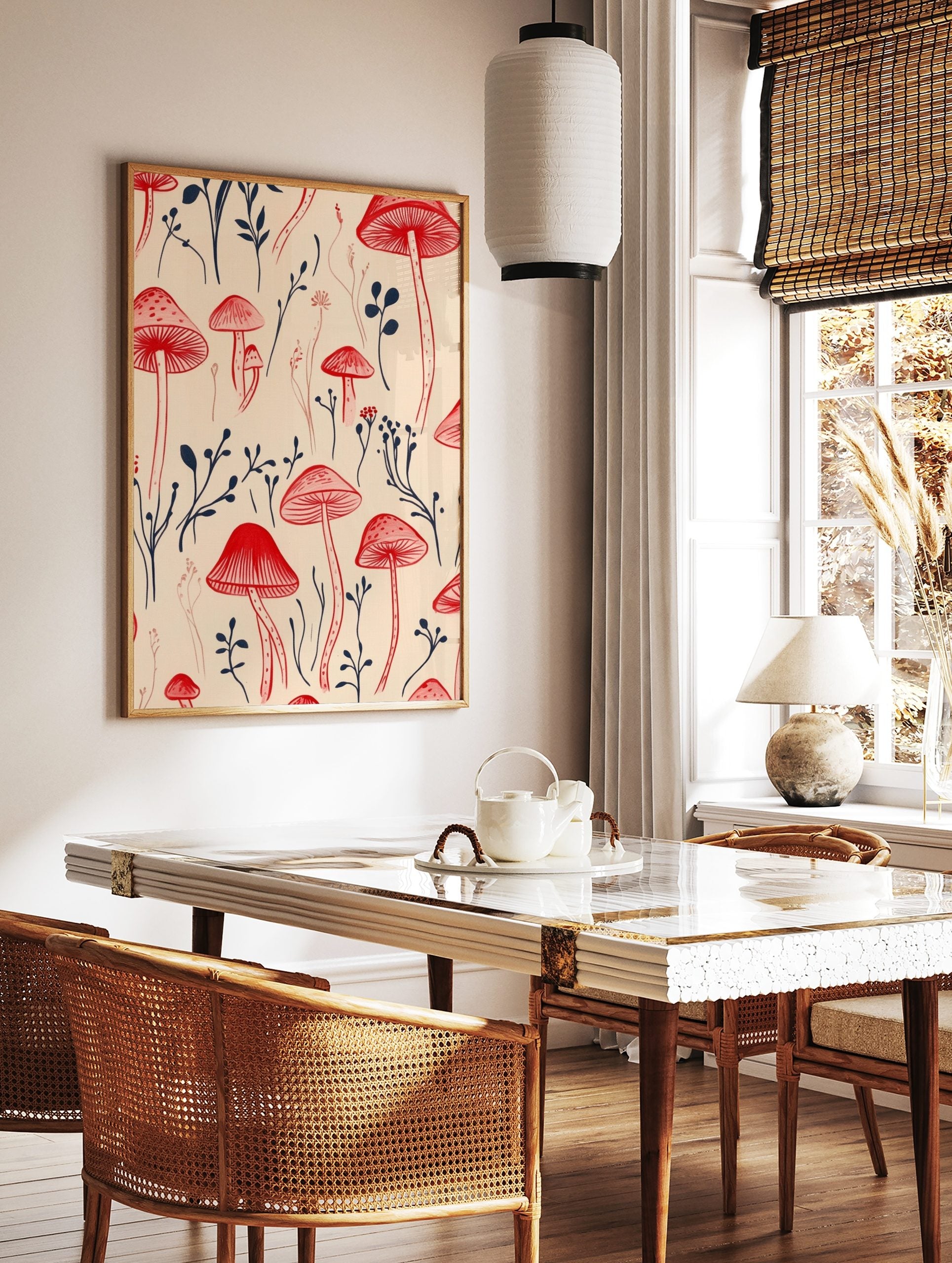 Illustrative red mushrooms and navy botanical sprigs repeating pattern on a beige background wall, in a styled room mockup