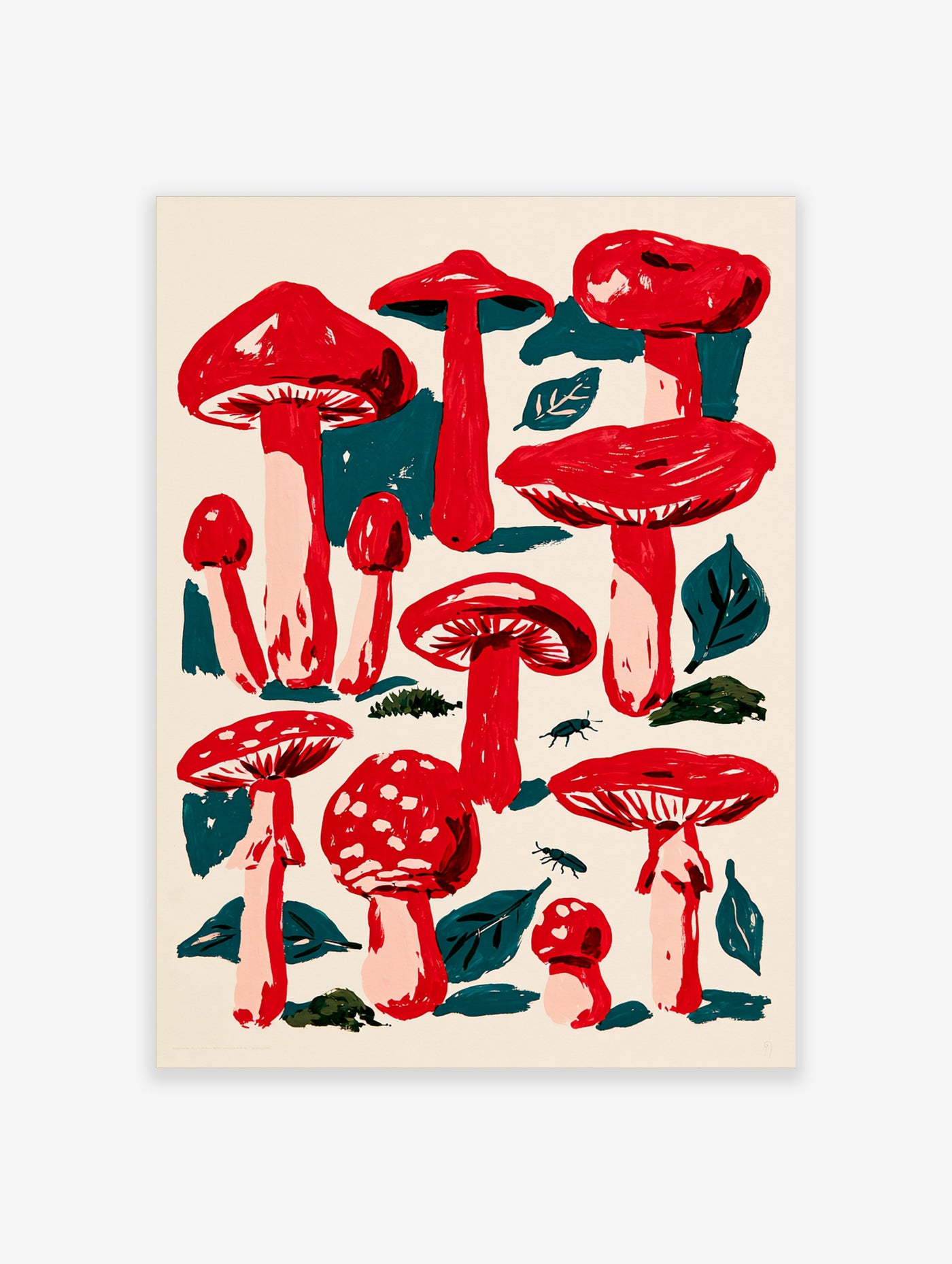 Red mushrooms with white spots, green leaves, and beetles illustrative art print on cream background