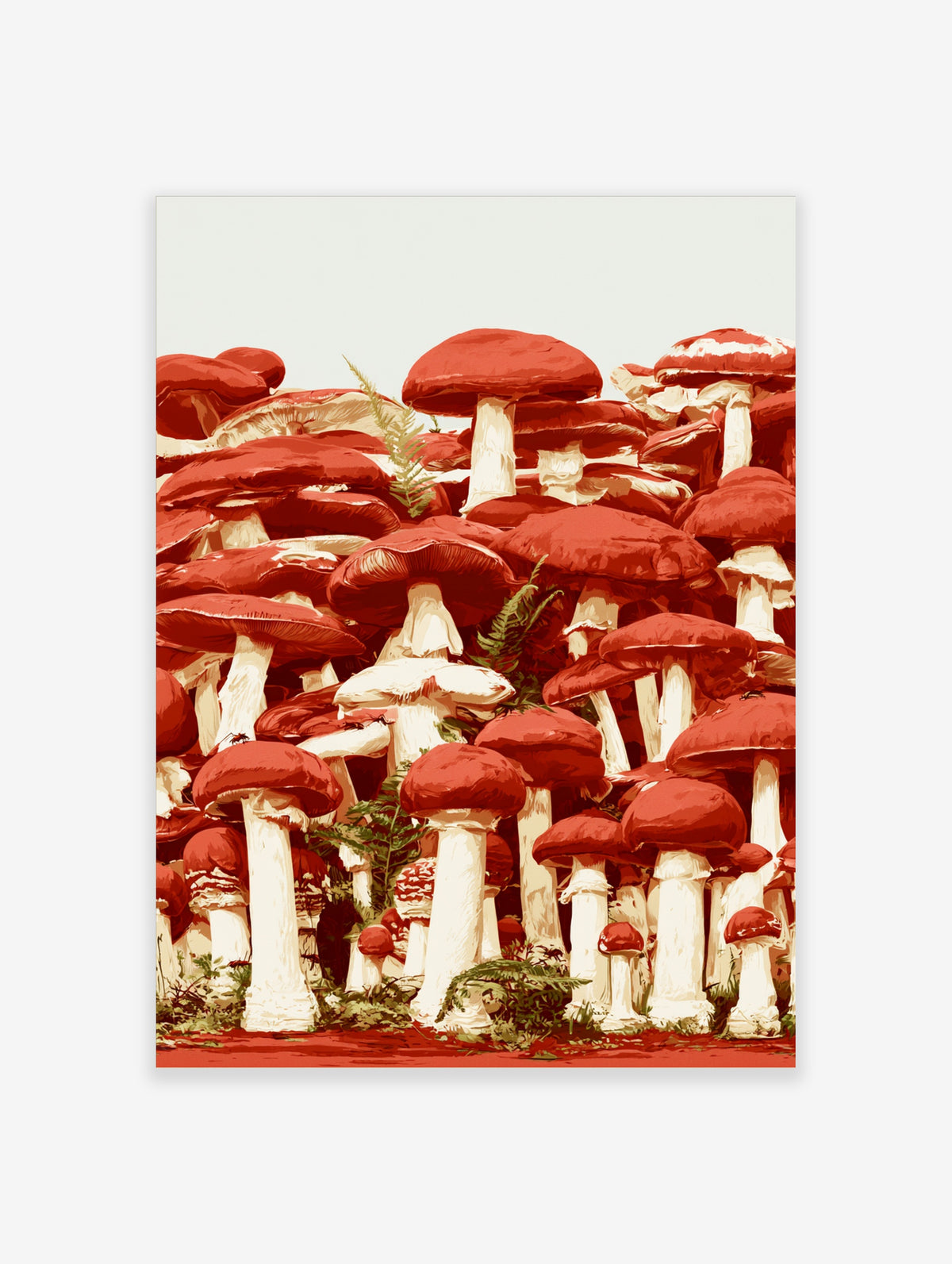 Red mushroom wall art with dense cluster of red-capped fungi and white stems, botanical illustration on cream background
