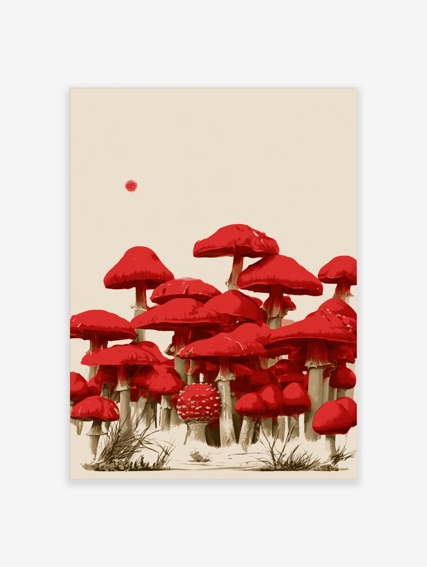 Red mushroom cluster illustration print on cream background with grass at base