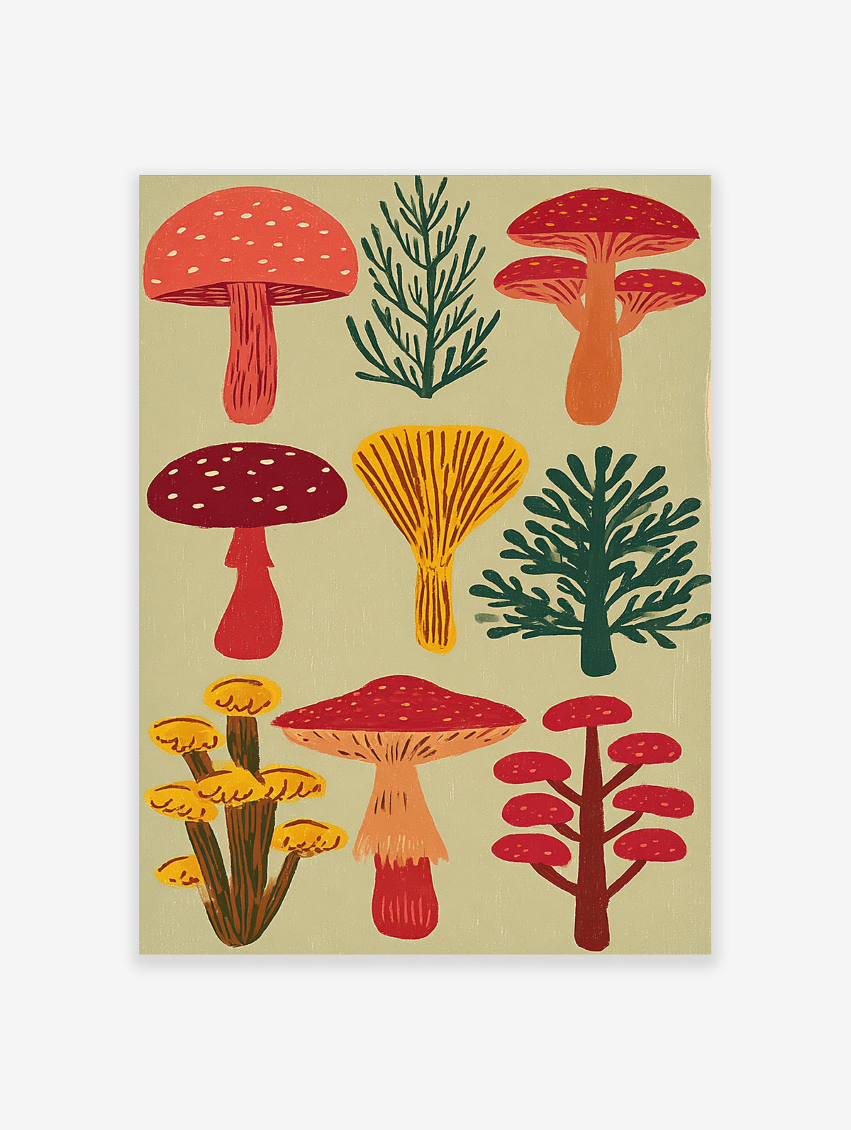 Red and yellow mushroom botanical illustration with evergreen sprigs on beige background