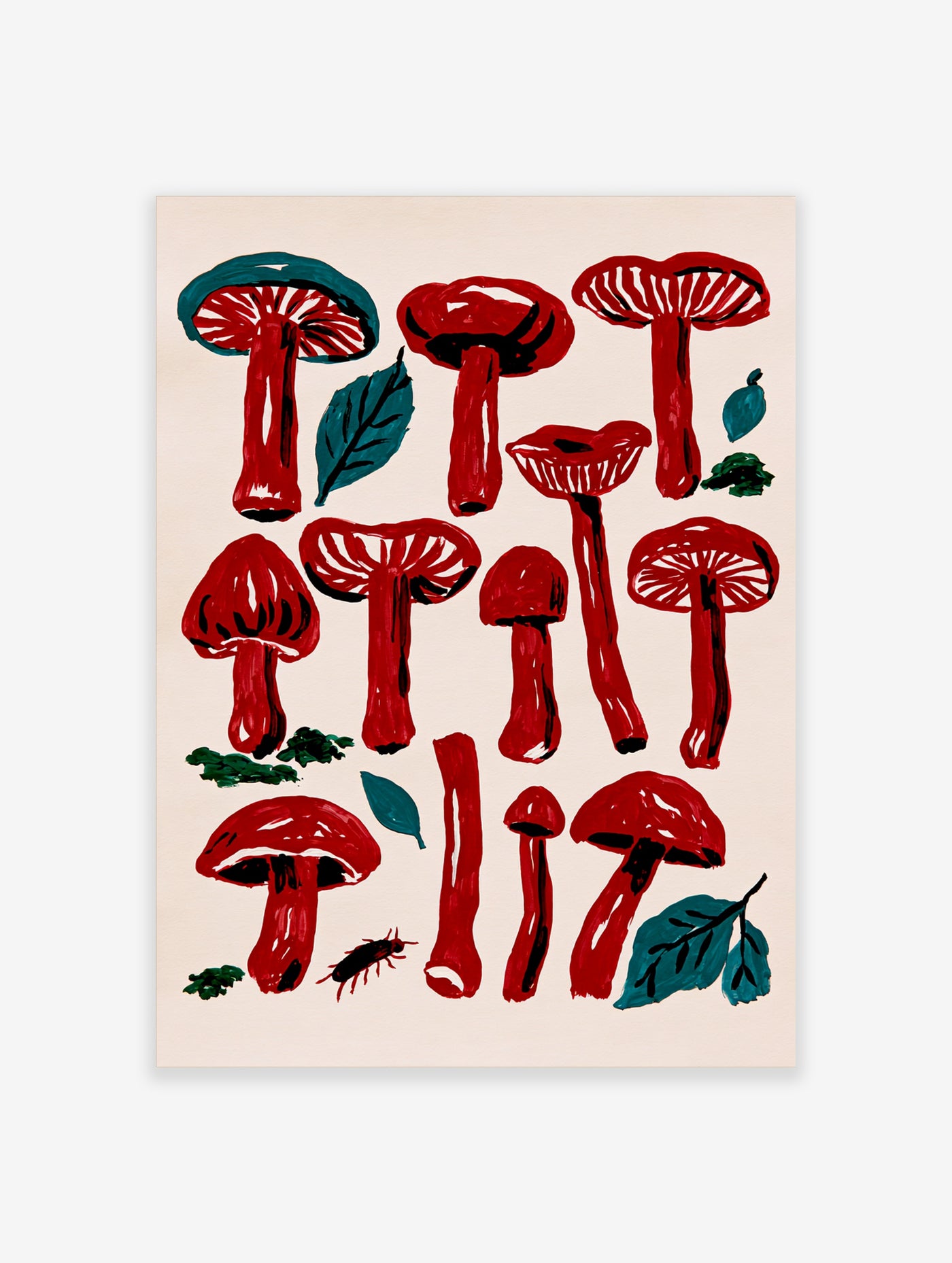 Red mushrooms with teal leaves and a bug on cream background, illustrative art print