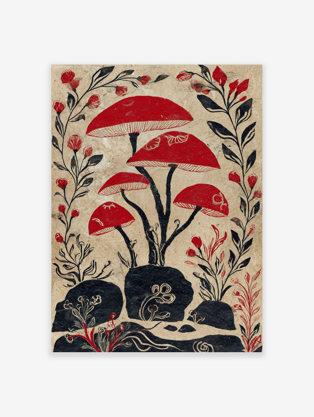 Red mushroom botanical illustration with black stems and red buds on beige background