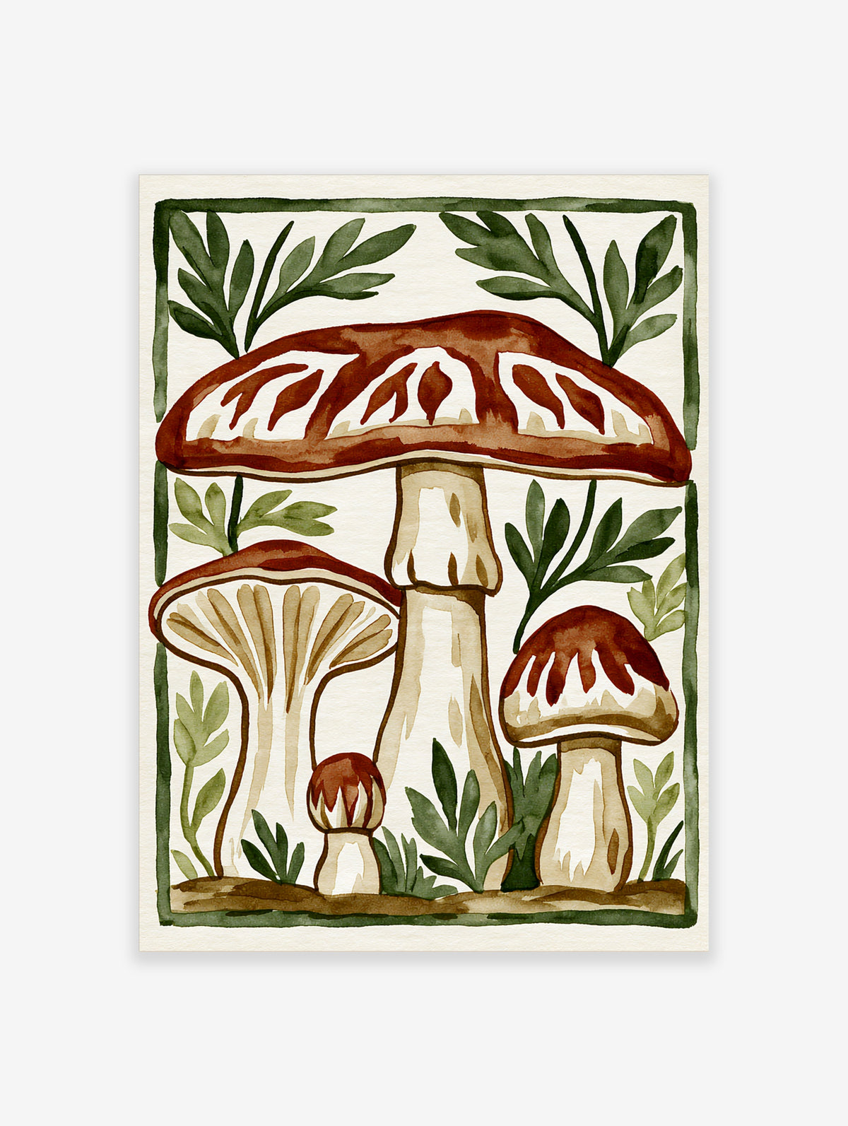 Botanical illustration of red mushrooms with green leaves, watercolor style, unframed paper print