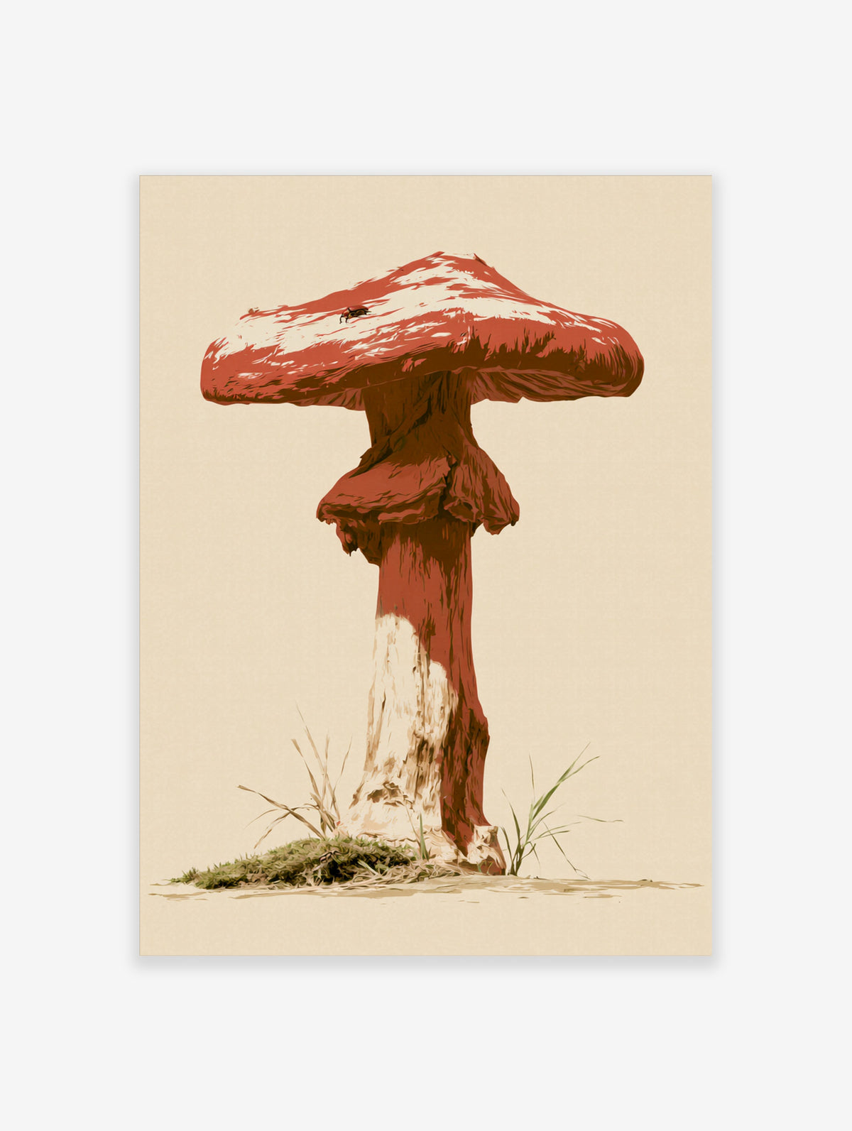 Red mushroom illustration with white spots and insect on beige background, botanical wall art print