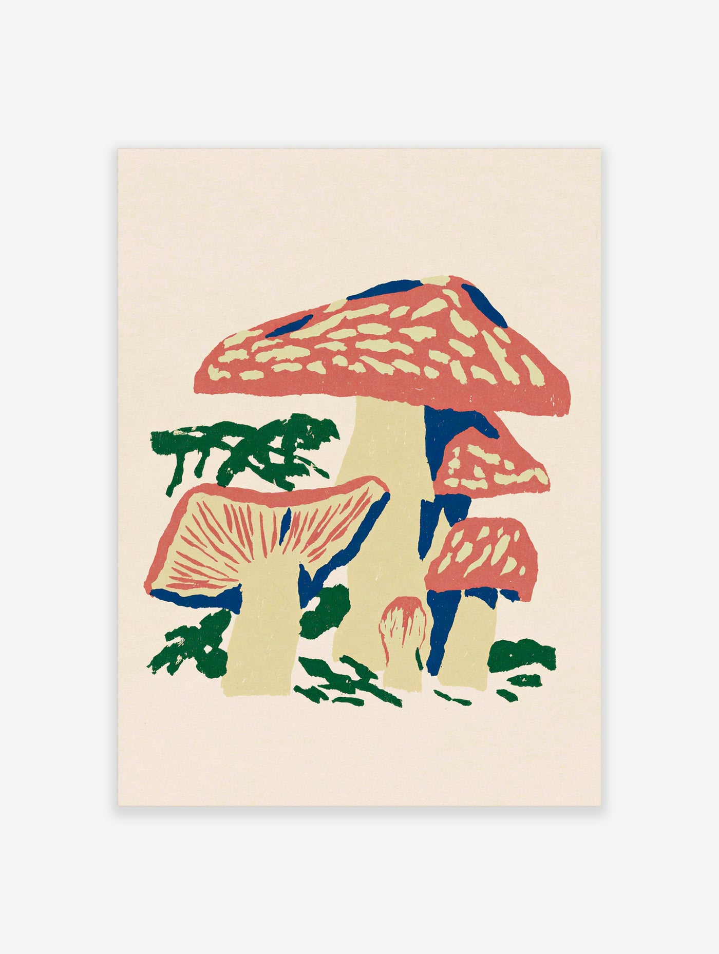 Red mushrooms with cream spots and gills, blue shadows, green foliage, botanical illustration print on cream background