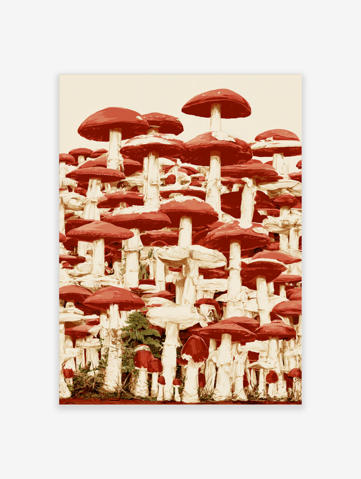 Red mushroom wall art with dense cluster of red-capped fungi and white stems on cream background