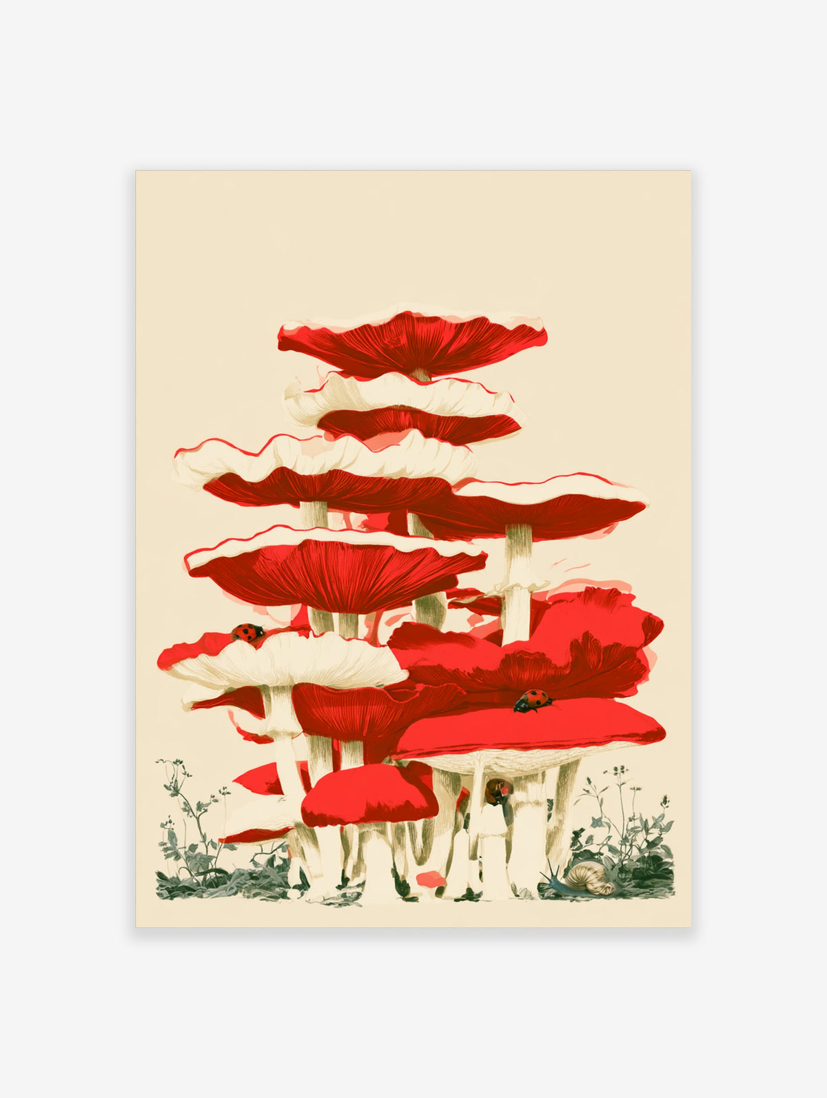 Red mushroom stack illustration with ladybirds and snail, botanical art print