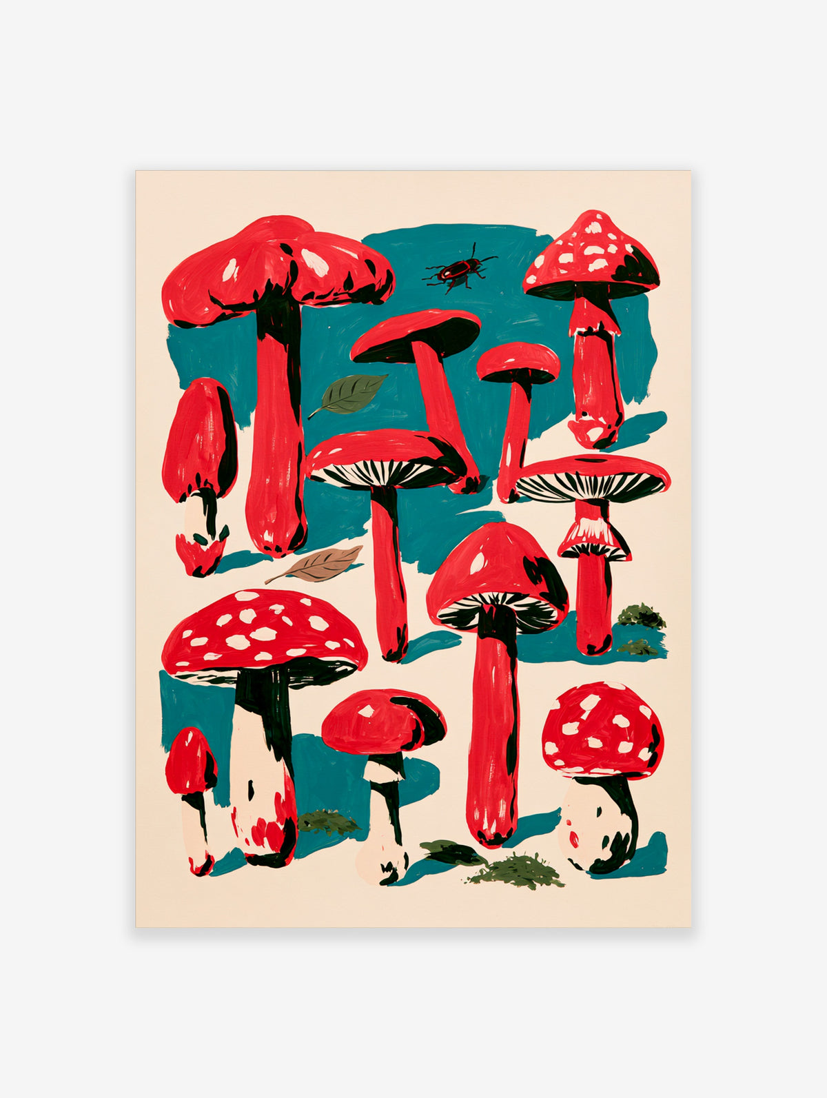 Red mushroom wall art with white spots and teal background, botanical illustration print