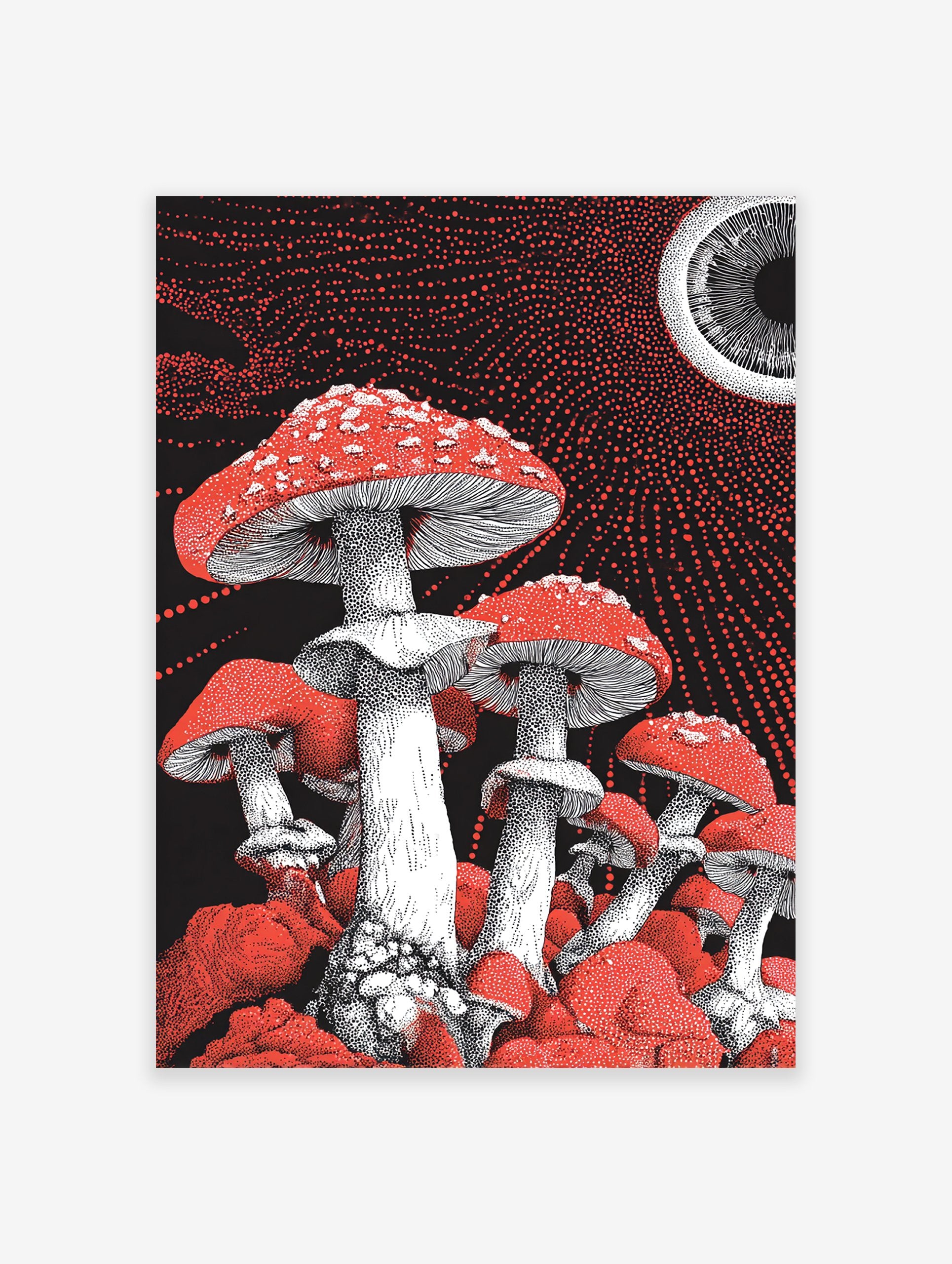 Vibrant red and white fly agaric mushroom wall art illustration with stippling on a black background with red dots and an eye.