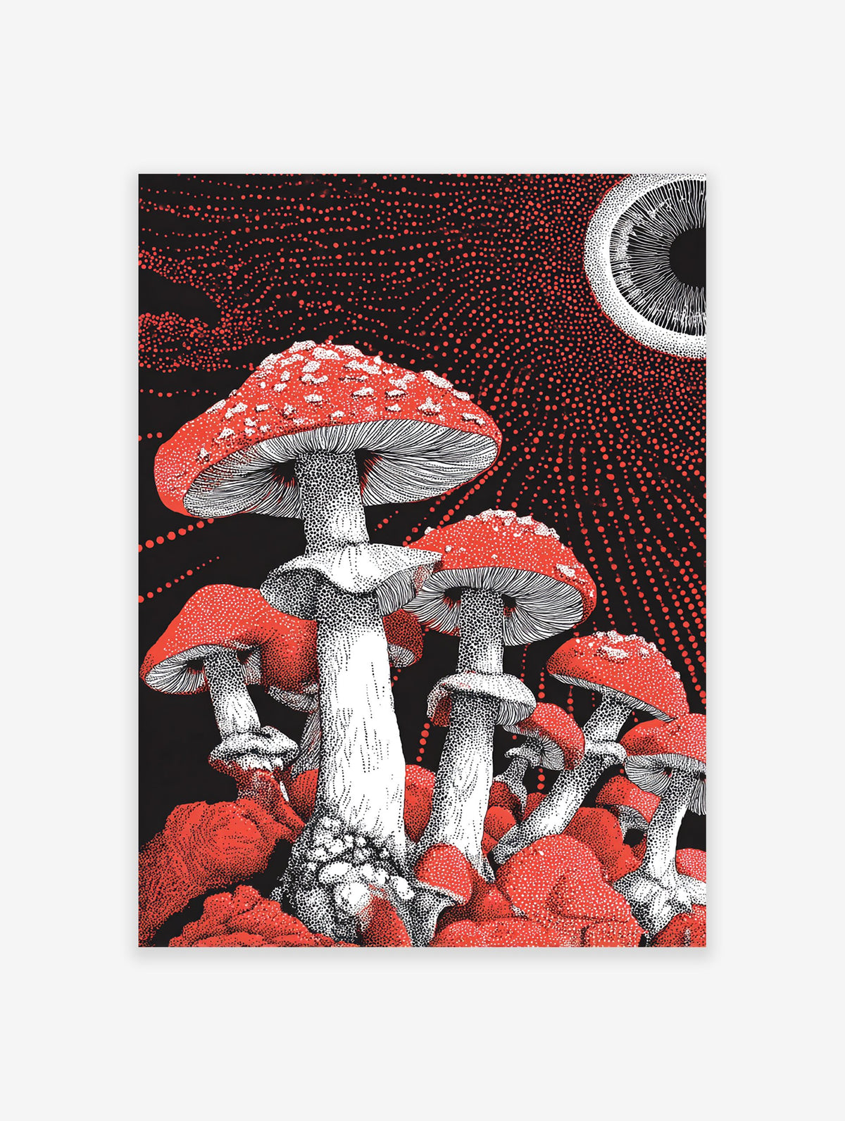 Vibrant red and white fly agaric mushroom wall art illustration with stippling on a black background with red dots and an eye.