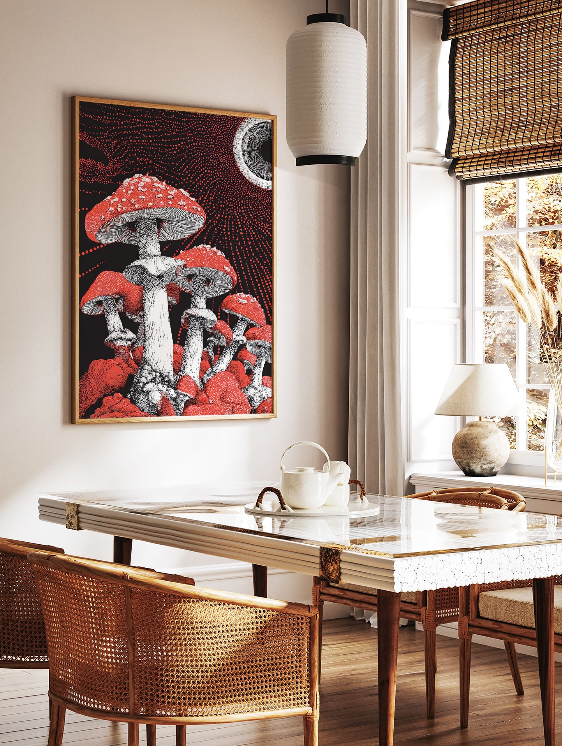 Vibrant red and white fly agaric mushroom wall art illustration with stippling on a black background with red dots and an eye. - Image 2