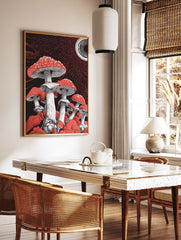 Vibrant red and white fly agaric mushroom wall art illustration with stippling on a black background with red dots and an eye. - Image 2