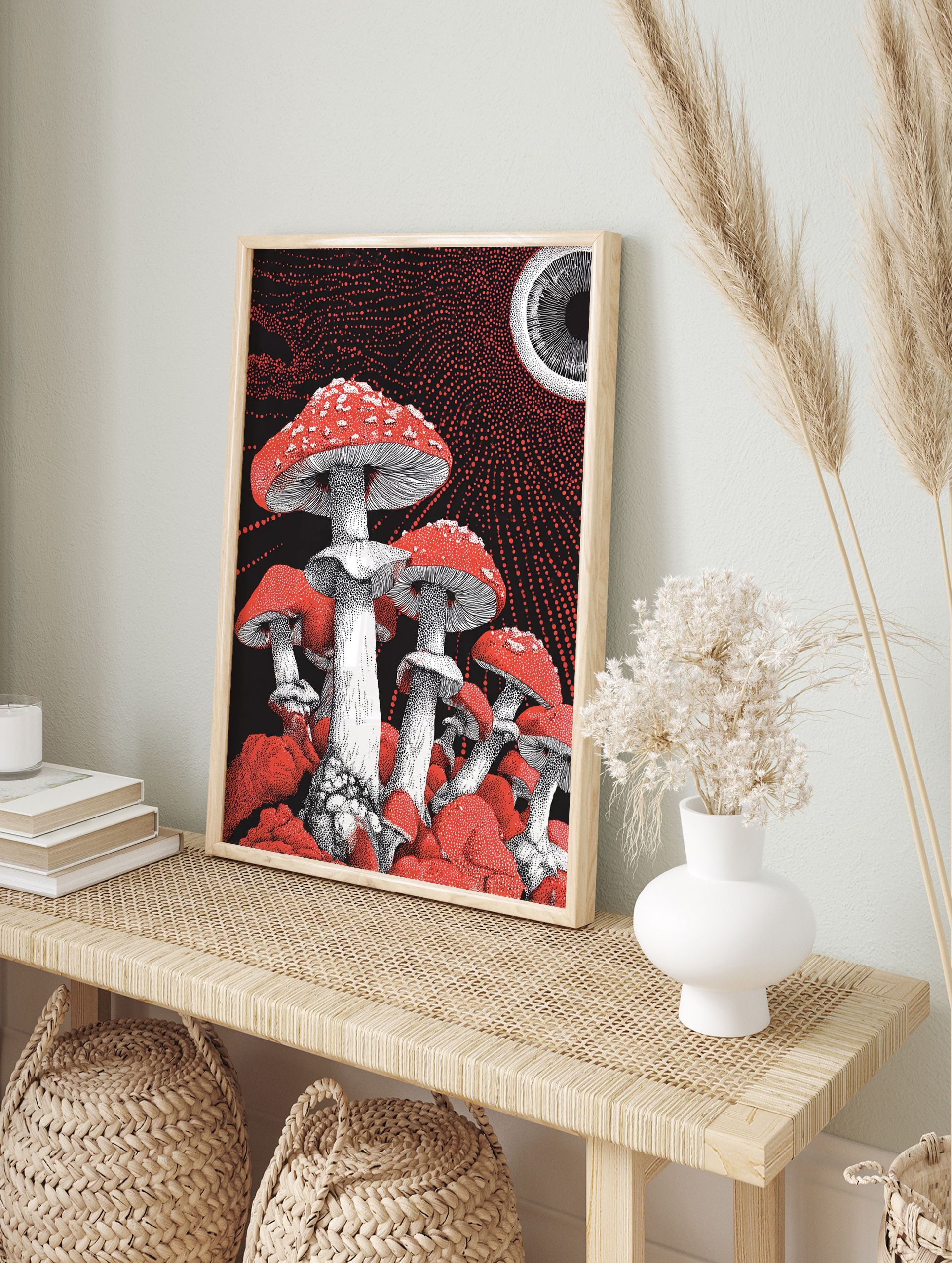Vibrant red and white fly agaric mushroom wall art illustration with stippling on a black background with red dots and an eye. - Image 3