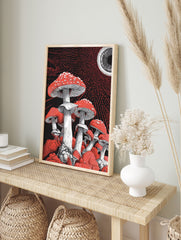 Vibrant red and white fly agaric mushroom wall art illustration with stippling on a black background with red dots and an eye. - Image 3