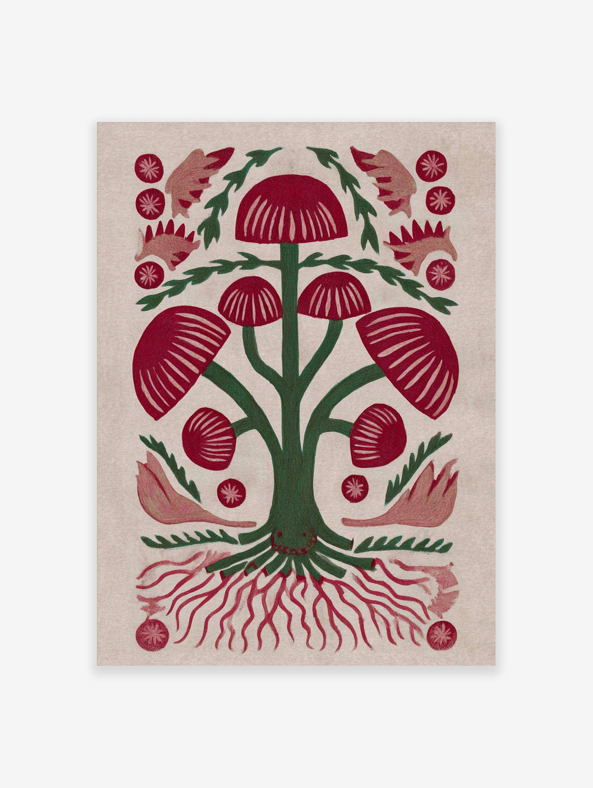 Red mushroom botanical illustration with green stems and roots, folk art style on light background