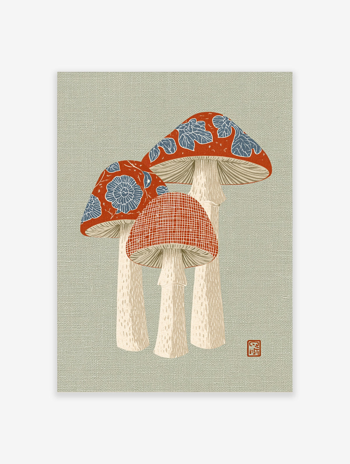 Red mushroom art print with blue floral caps and textured stems on a neutral background