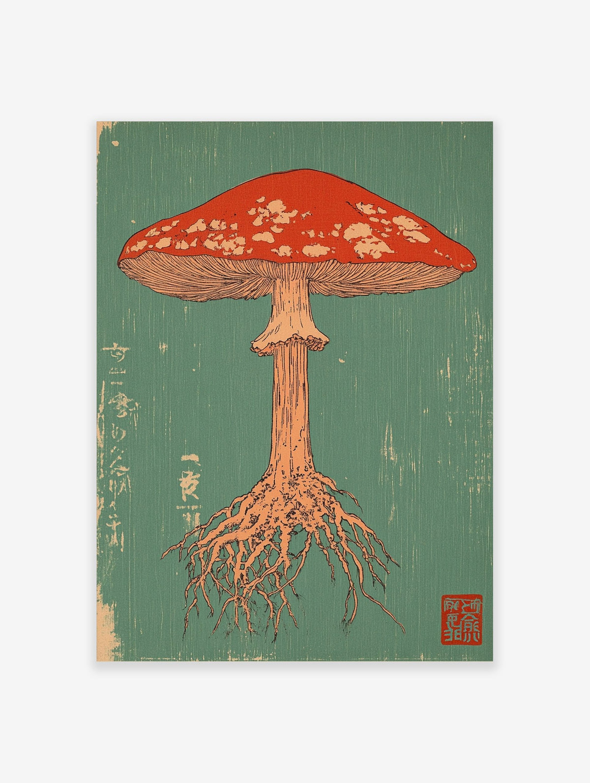 Red mushroom illustration with white spots, gills, and roots on a teal background in Japanese woodblock style