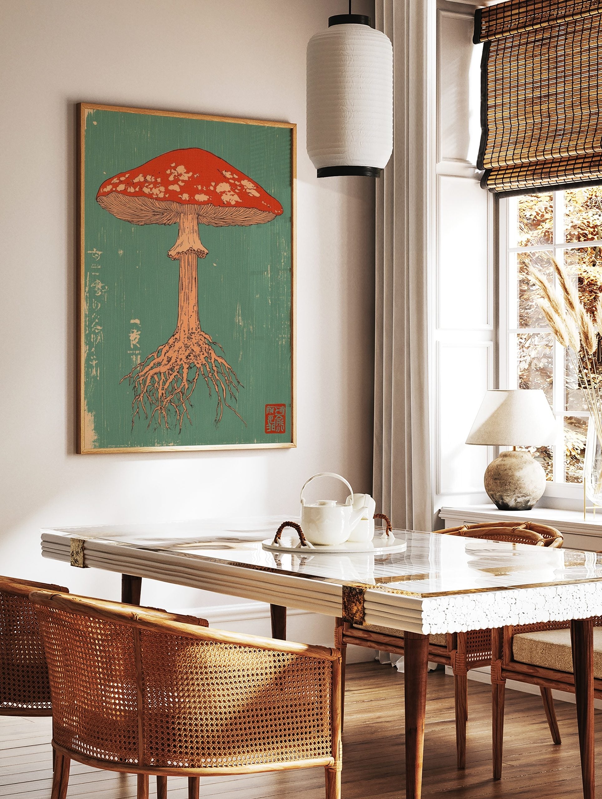 Red mushroom illustration with white spots, gills, and roots on a teal background in Japanese, in a styled room mockup