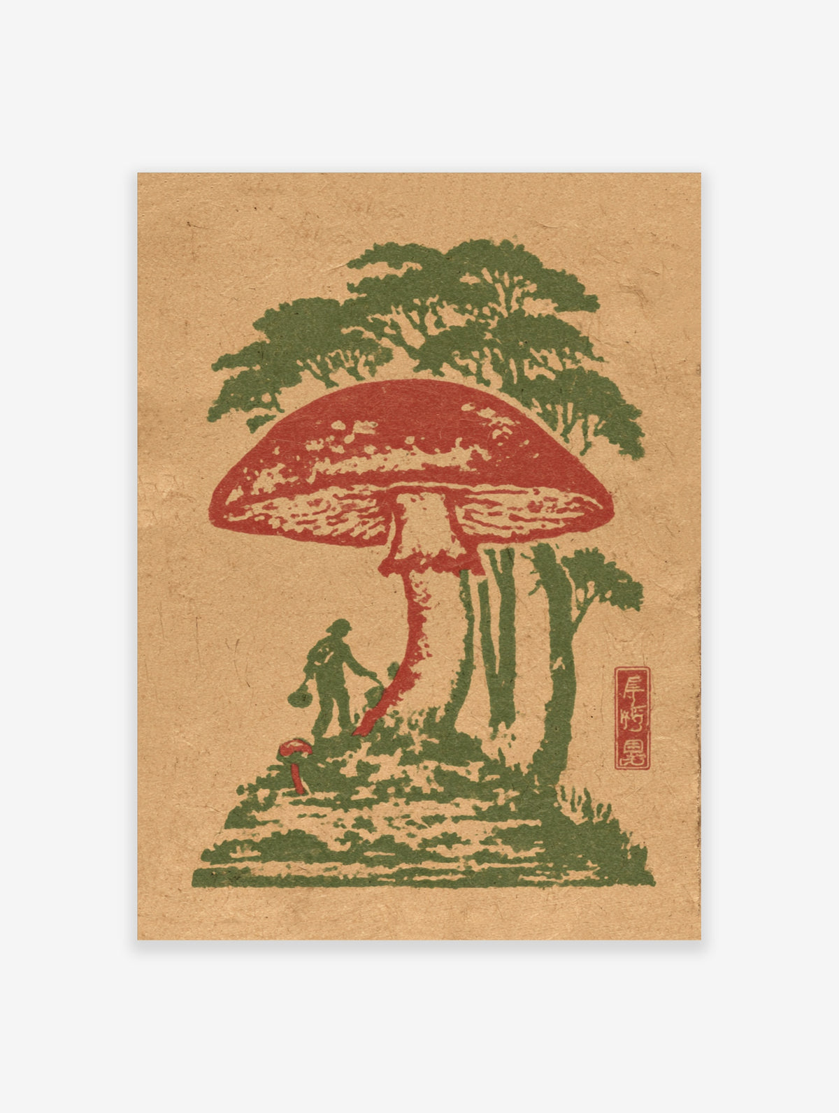 Red mushroom and forager vintage Japanese woodblock art print on beige paper