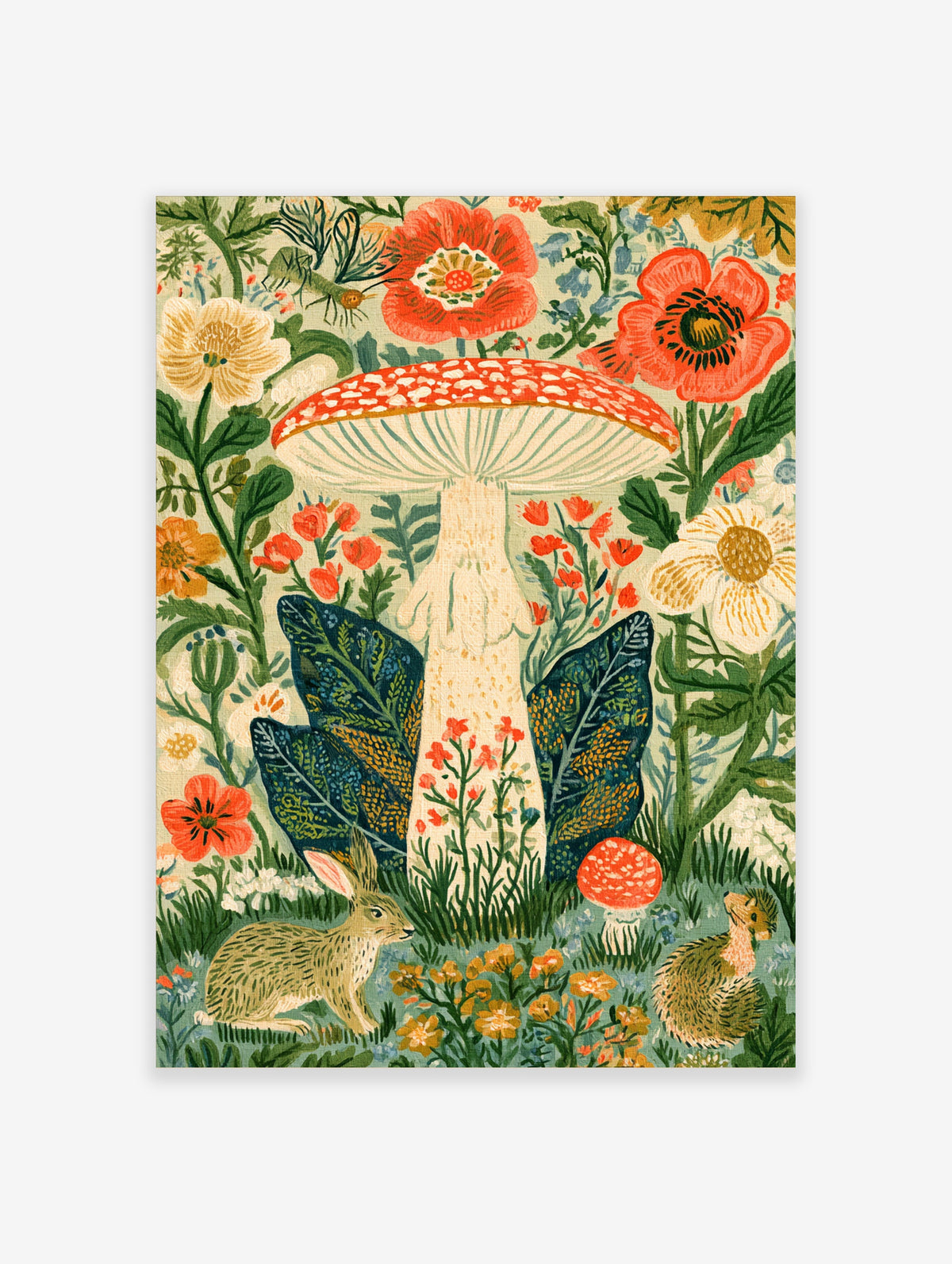 Red and white spotted mushroom with rabbit and quail in a woodland botanical art print
