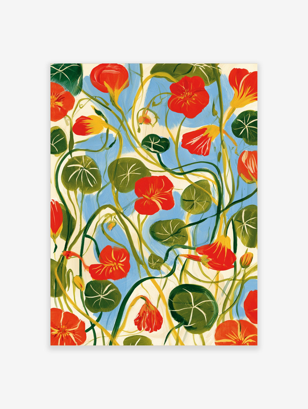 Red nasturtium flowers and round green leaves on a blue brushstroke background, colourful botanical art print