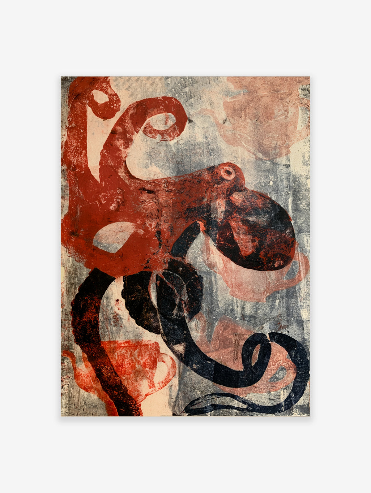 Abstract octopus wall art print with red octopus, black tentacle, and faint teapot outlines on a grey textured background