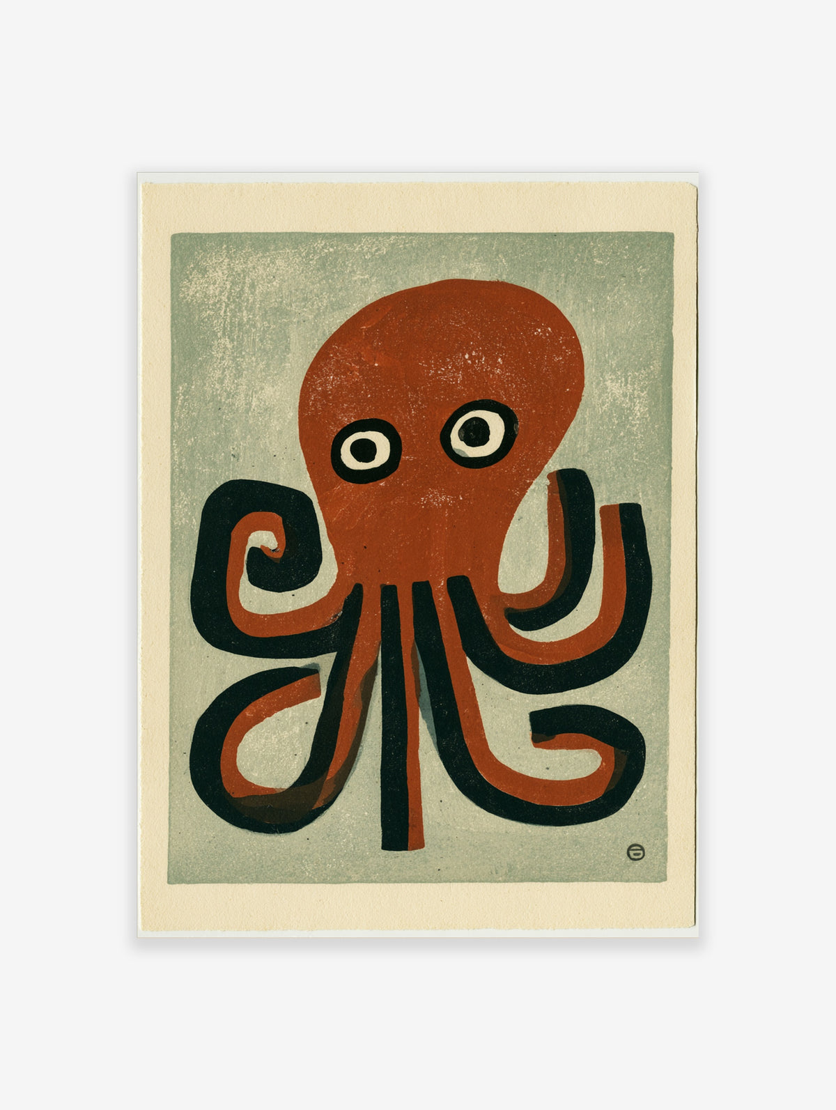 Red octopus poster with large eyes and curling tentacles on a sage green background