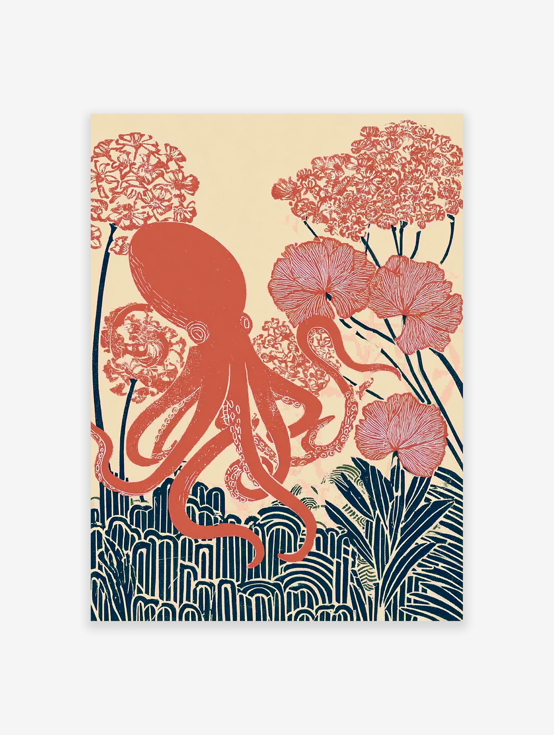 Red octopus wall art illustration with botanical flowers and plants on a cream background in an illustrative style.