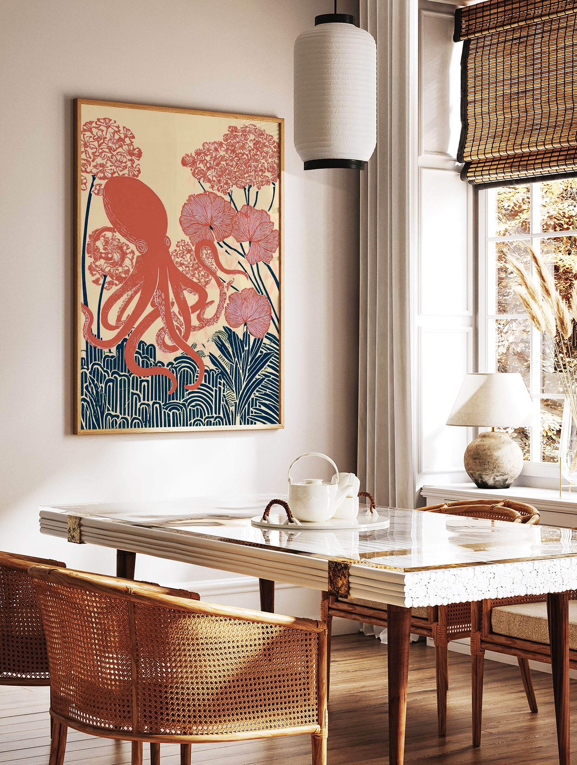 Red octopus wall art illustration with botanical flowers and plants on a cream background in an illustrative style. - Image 2