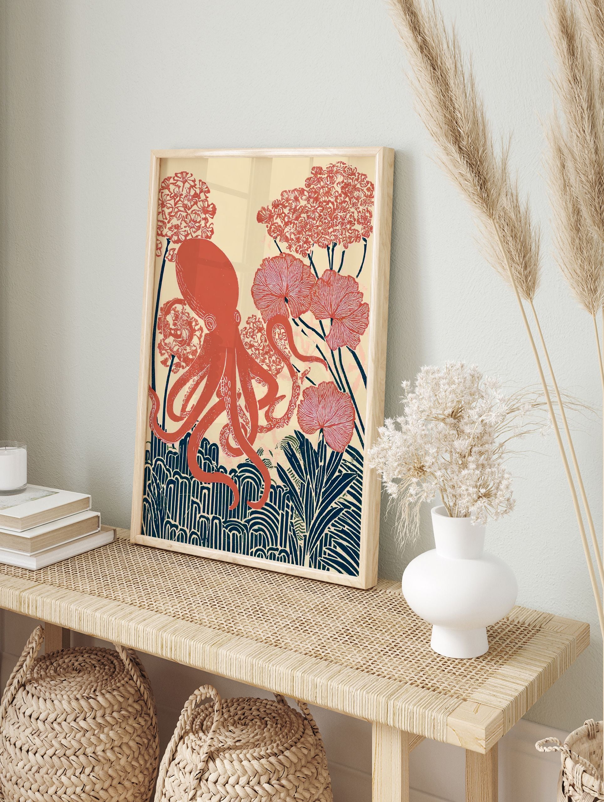 Red octopus wall art illustration with botanical flowers and plants on a cream background in an illustrative style. - Image 3