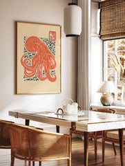Red octopus illustration wall art in Japanese Ukiyo-e style with blue wave patterns and a red seal on a beige background. - Image 2