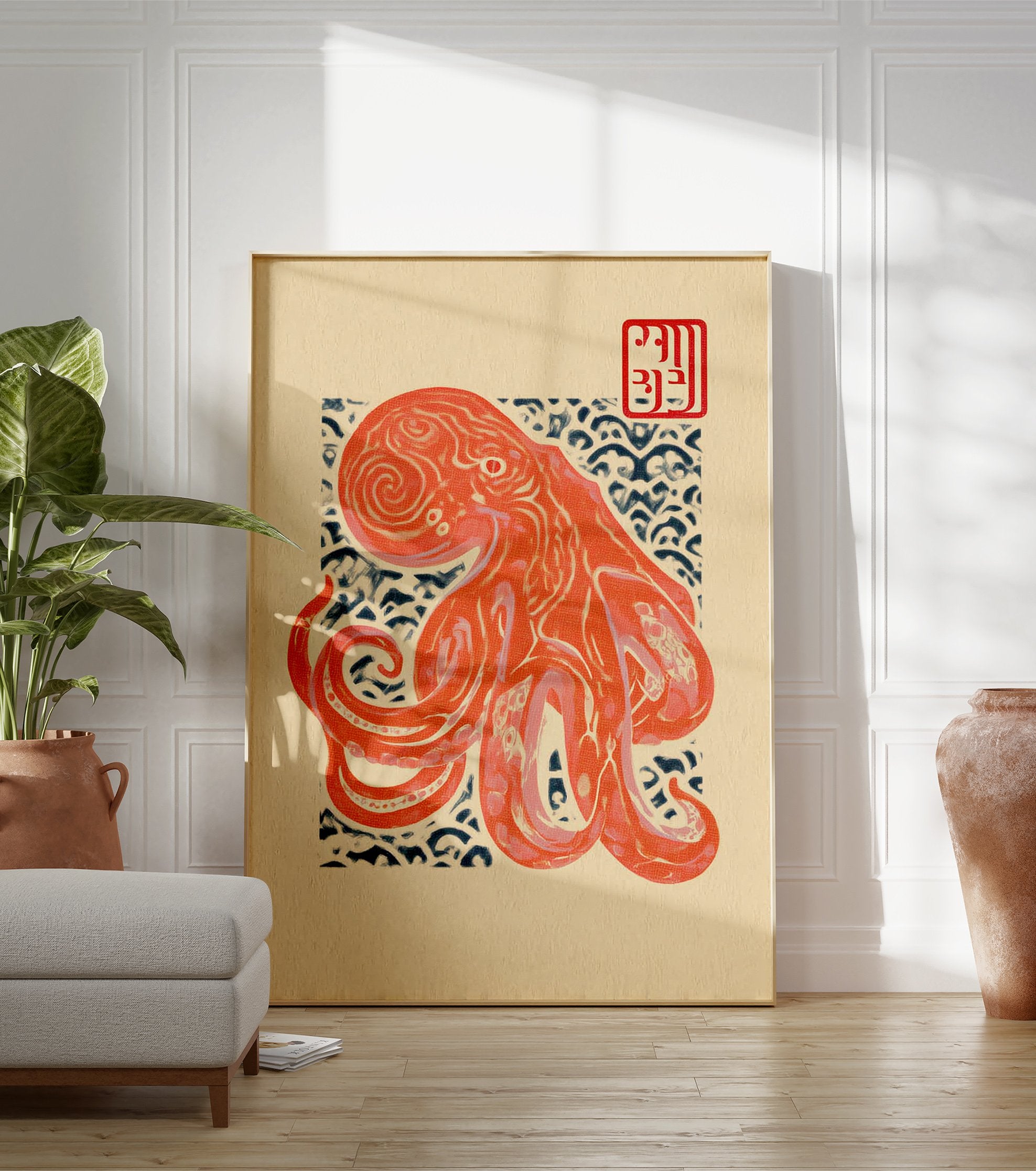 Red octopus illustration wall art in Japanese Ukiyo-e style with blue wave patterns and a red seal on a beige background. - Image 3