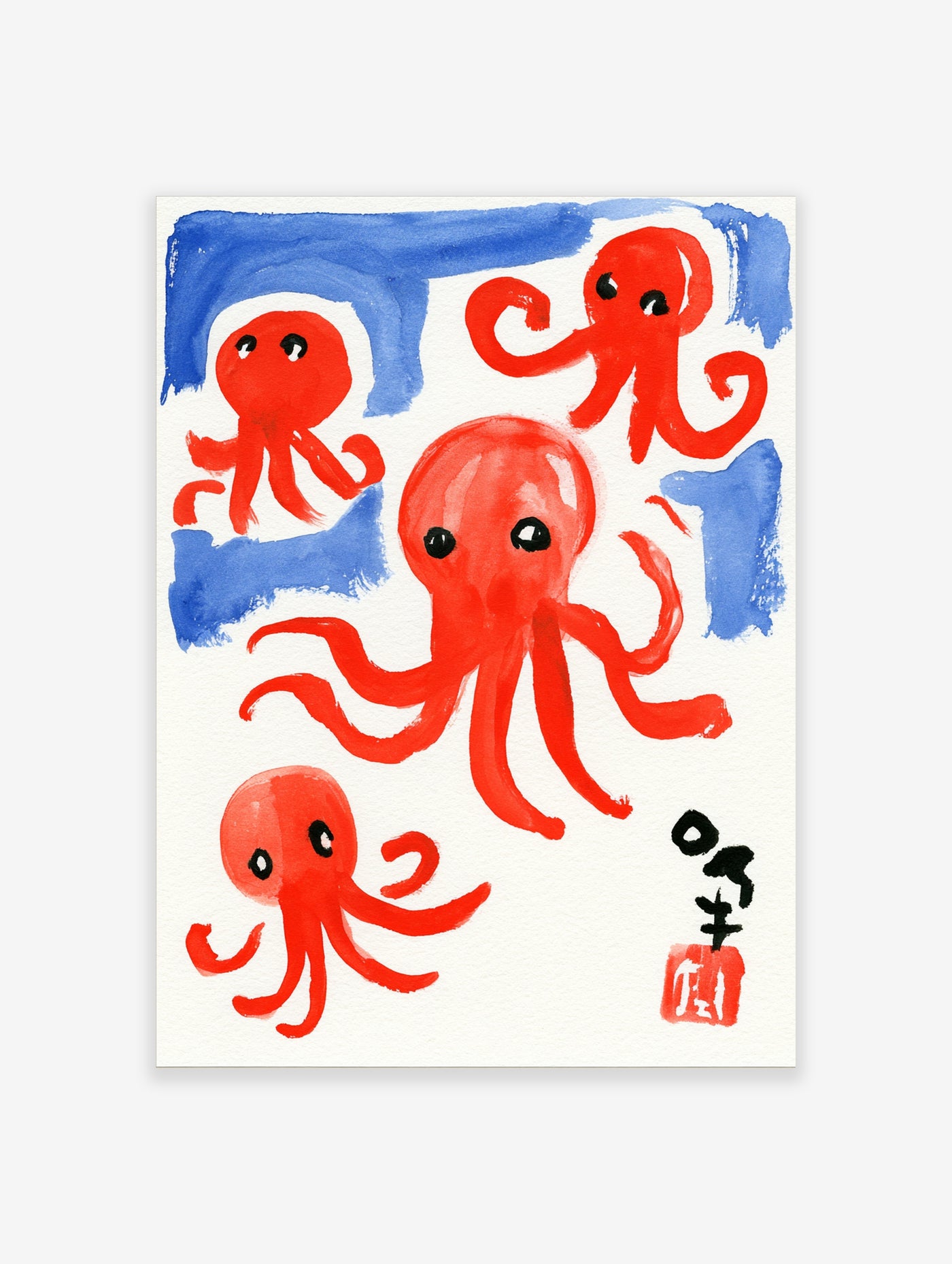 Three red octopus illustrations with blue ink strokes and a black stamp on a white background, marine art print