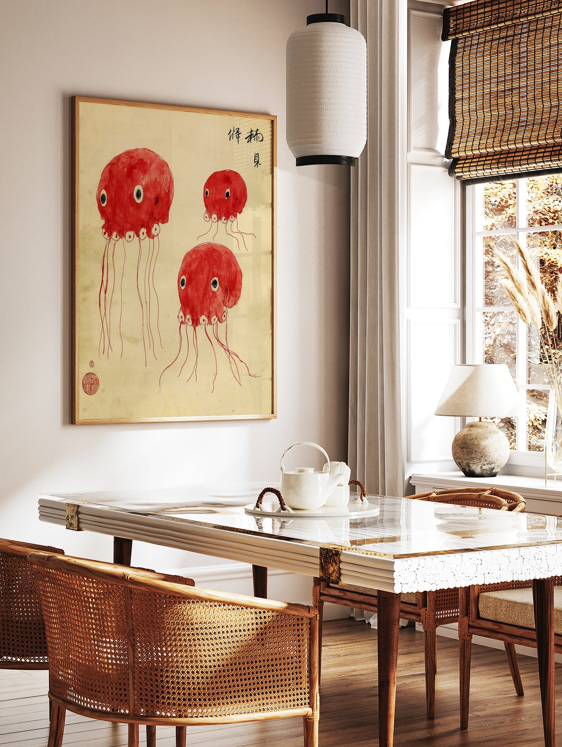 Red, multi-eyed octopus creatures illustration in Japanese ink wash style on off-white background, in a styled room mockup