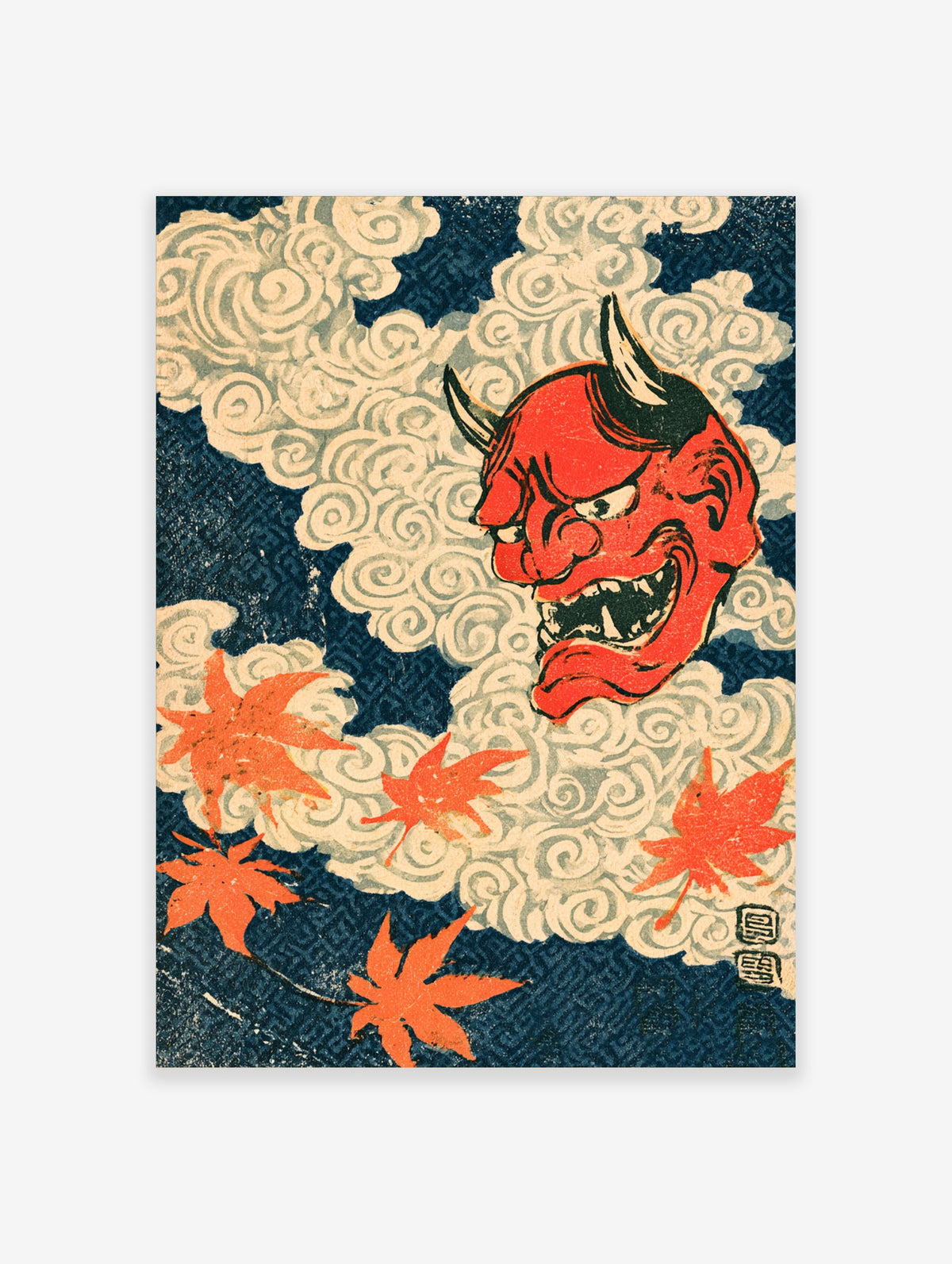 Red oni demon head with horns and fangs among swirling clouds and orange maple leaves on navy background