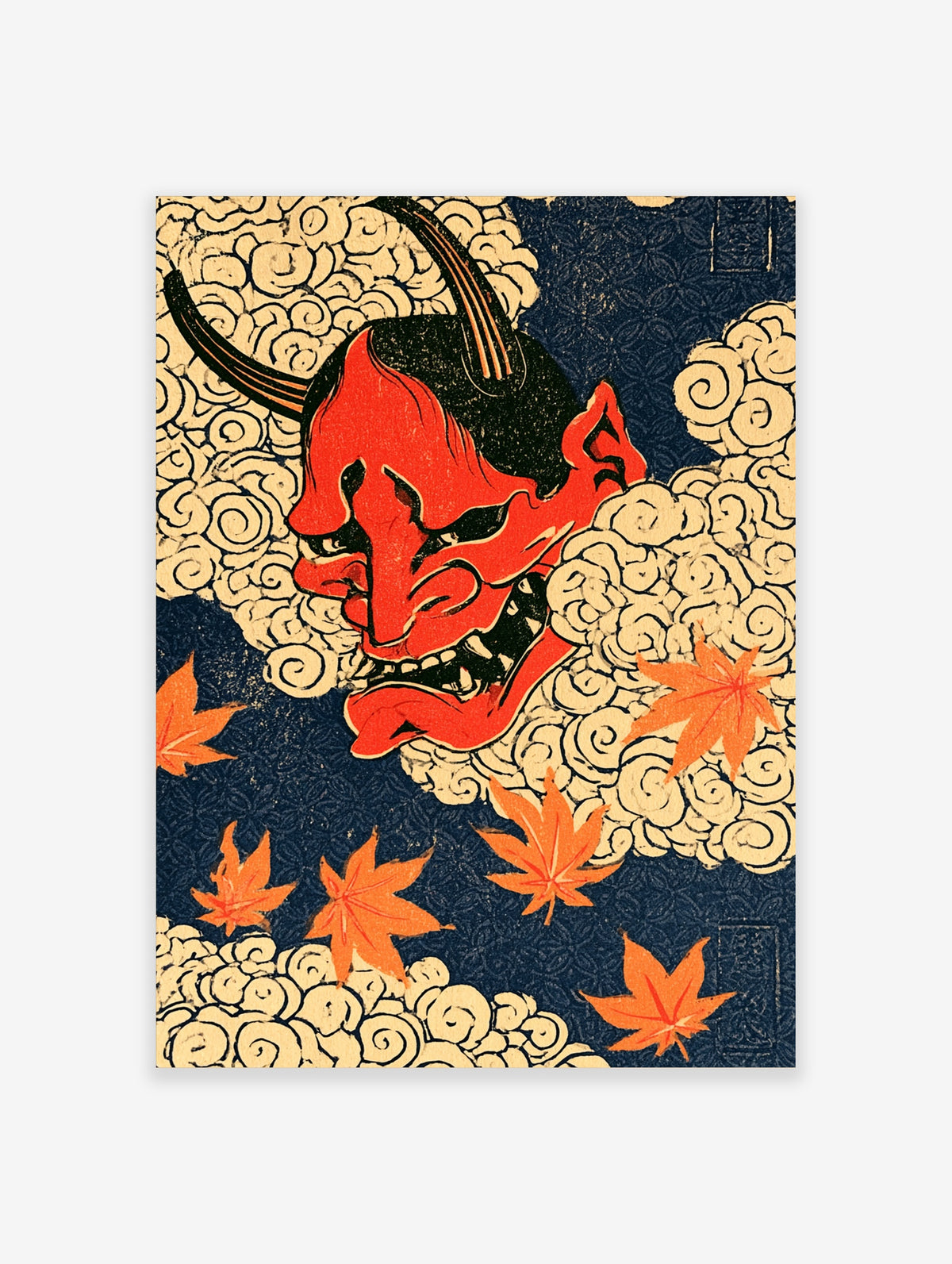 Red oni demon head with black horns and sharp teeth among cream clouds and orange maple leaves on navy background
