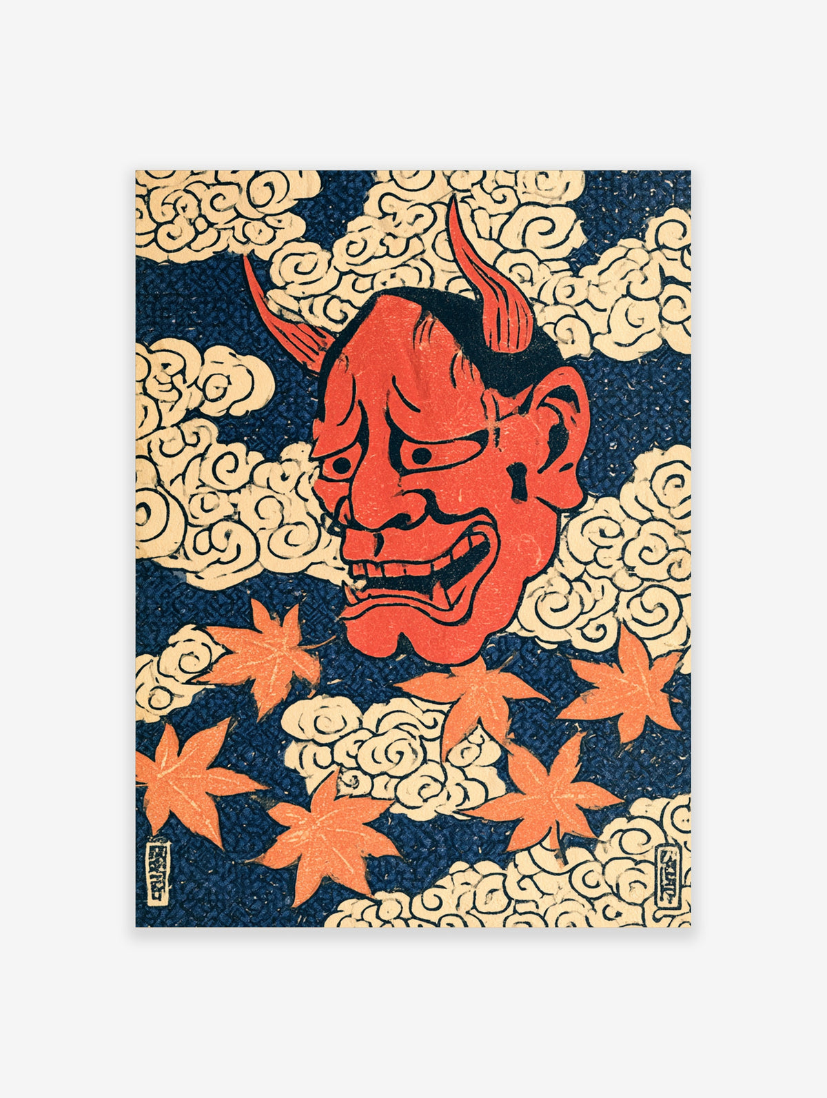 Red oni Japanese demon head with horns and fangs, cream clouds and orange maple leaves on blue background