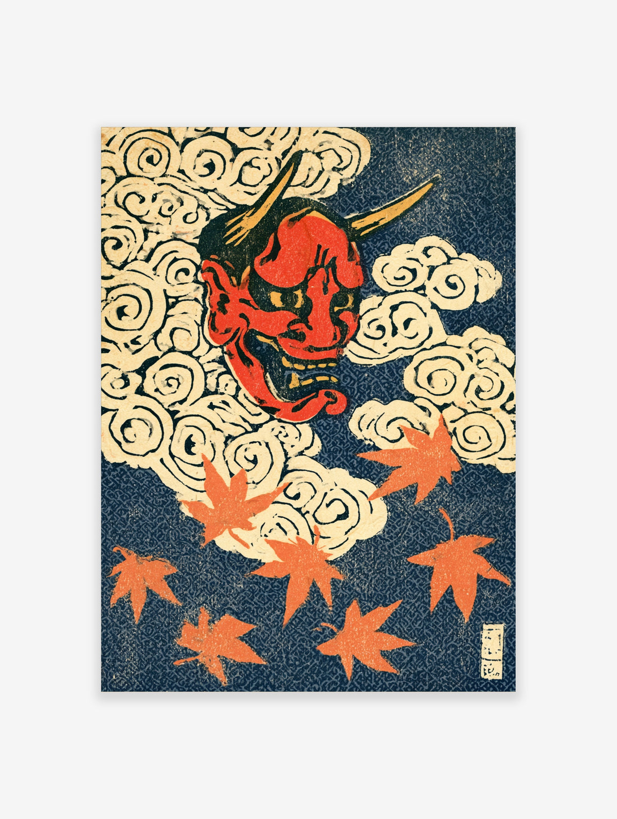 Red oni demon mask Japanese poster with white clouds and orange maple leaves on blue background