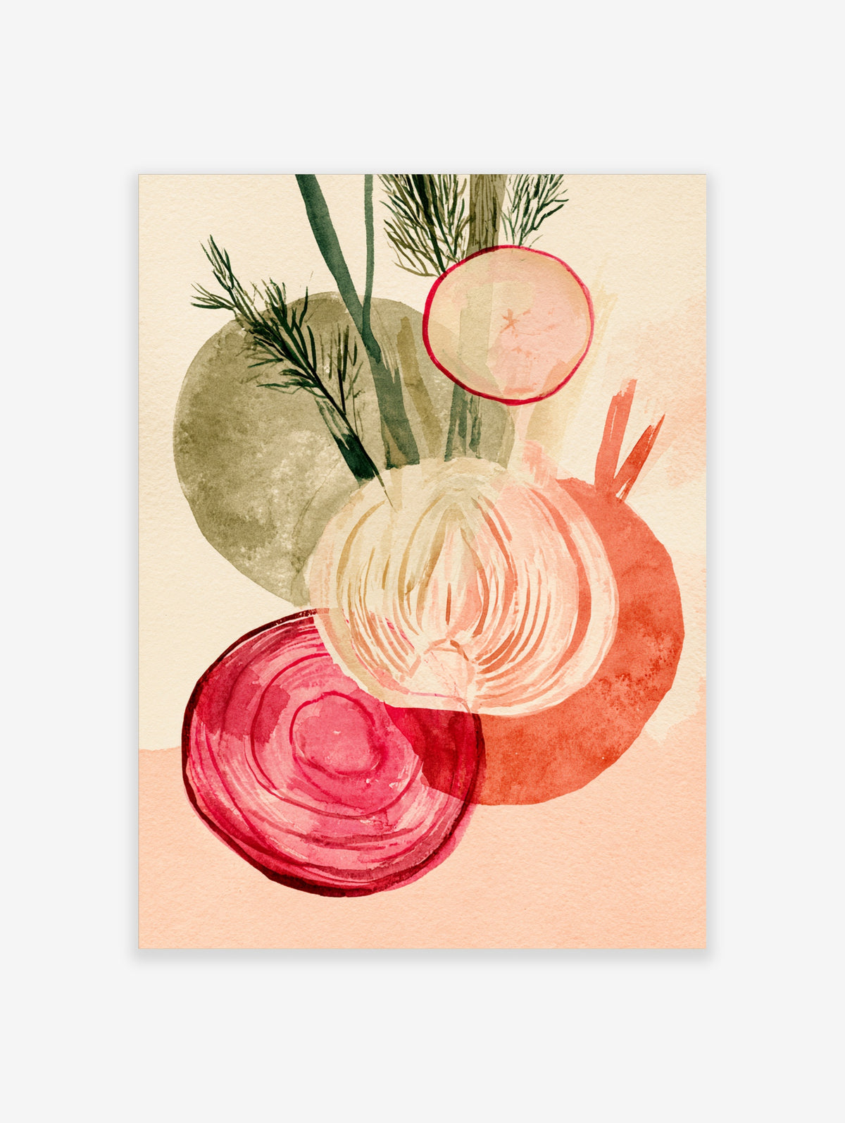 Watercolour-style red onion, fennel and radish art print with green stems on cream background