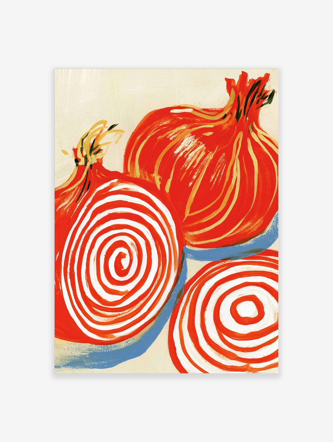 Graphic red onion cross-section illustration with spiral patterns, red and white colours, illustrative wall art print