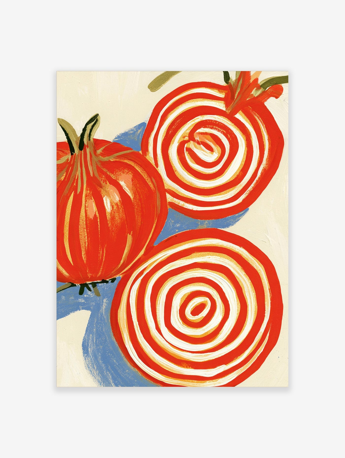 Stylised red onion illustration with concentric rings in red, white and yellow on a cream background with blue accents