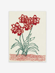 Red orchid-like flower botanical illustration art print with green leaves and red wavy lines on white background