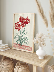 Red orchid-like flower botanical illustration art print with green leaves and red wavy lines, in an alternate framed mockup