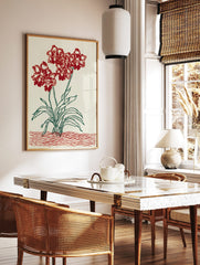 Red orchid-like flower botanical illustration art print with green leaves and red wavy lines on, in a styled room mockup