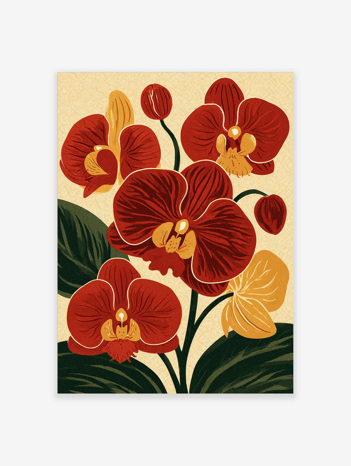 Red orchid flower illustration with golden centres and dark green leaves on a cream patterned background