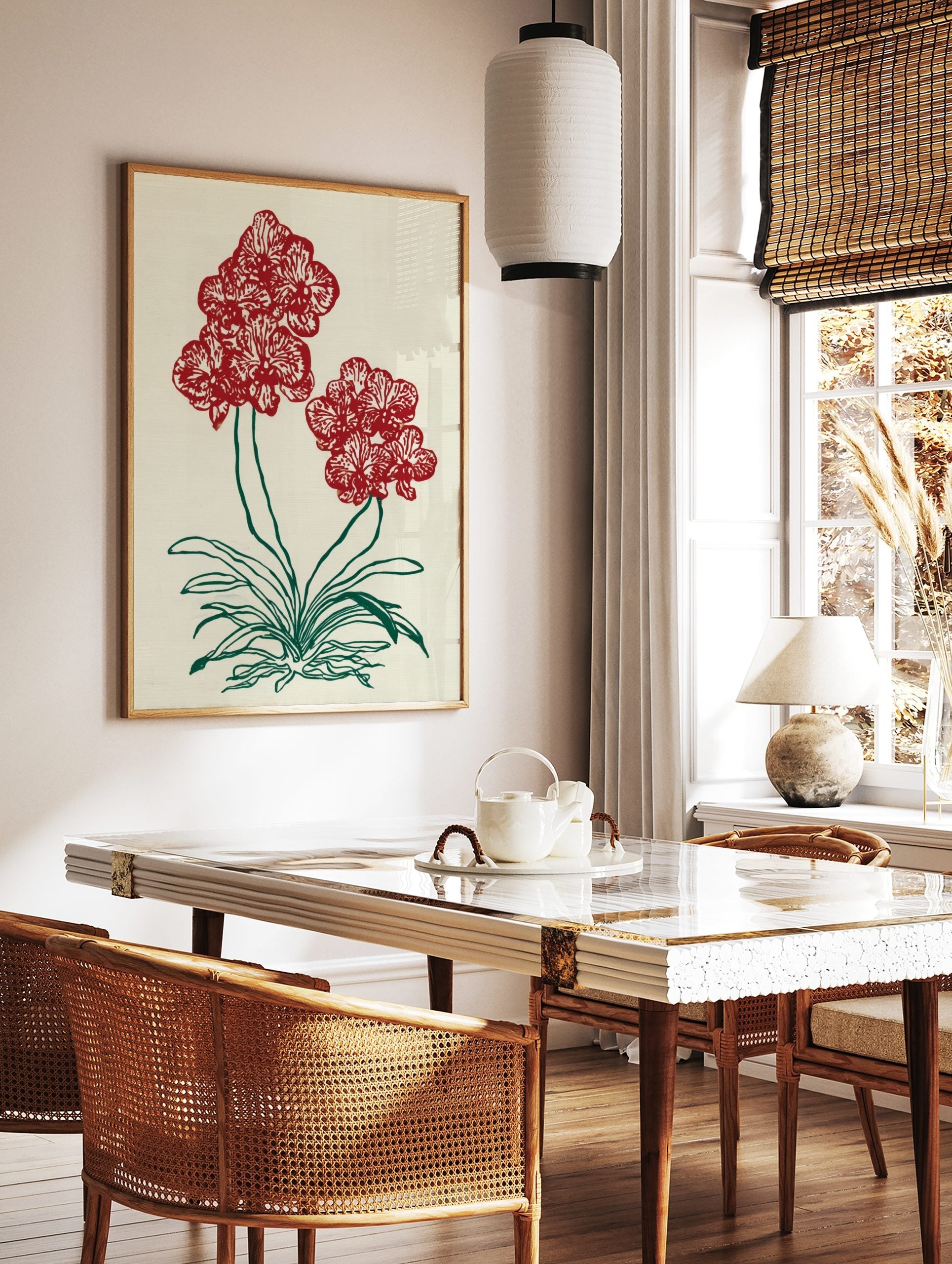 Red orchid flower botanical illustration art print with green stems and leaves on a light background, in a styled room mockup