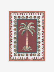 Red Palm Tree Poster with an illustrated botanical palm tree and intricate cultural border patterns in green and terracotta.