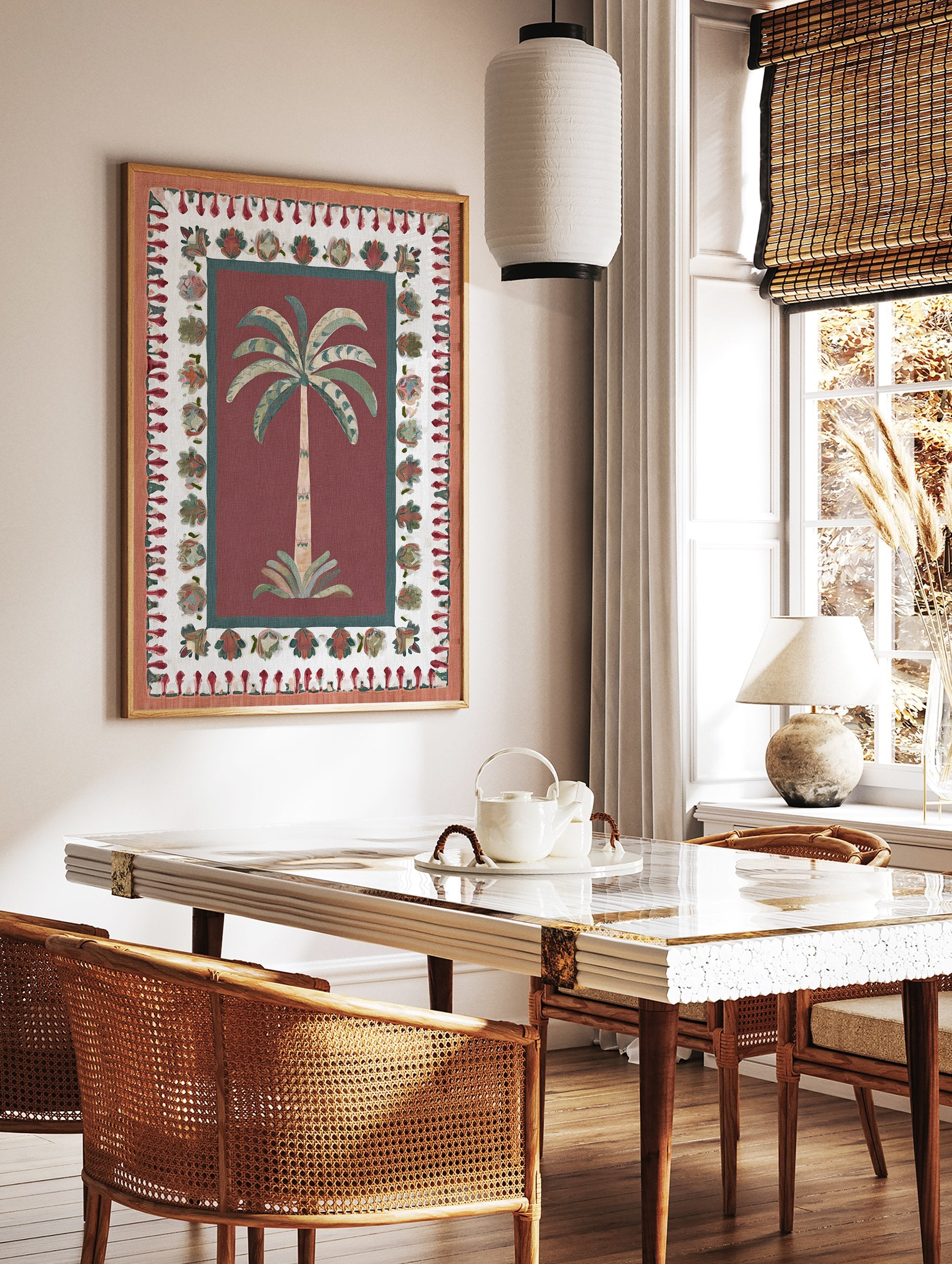 Red Palm Tree Poster with an illustrated botanical palm tree and intricate cultural border patterns in green and terracotta. - Image 2